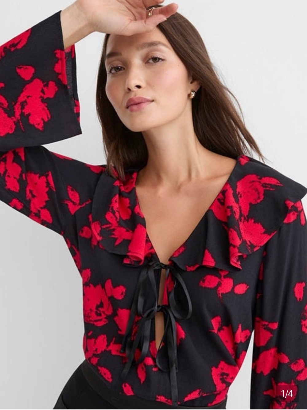 LOFT Black Blouse with Red Floral Print and Tie Front